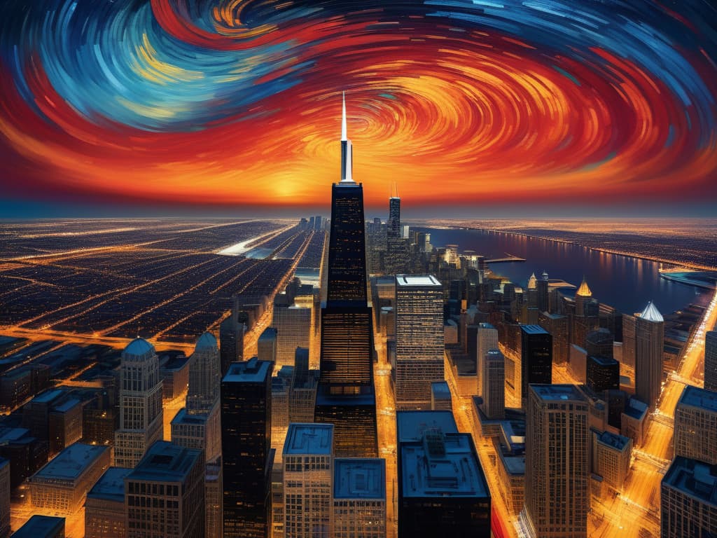  ethereal fantasy concept art of chicago’s sears tower, chicago’s crain’s communications building, drone view, tilt shift, van gogh's starry starry night with colorful red and orange swirls in the beautiful night sky, cloud gate reflects the colorful van gogh swirls in the sky, hyper realistic, chicago skyline, mesmerizing, intricate details, flambient golden and red sunrise, dramatic lighting, epic composition, wide angle, cinematic, masterpiece, high resolution, sharp details, best quality, 4k, raw photo, van gogh influence, studio lighting, impressionist, bold colors, starry sky, architectural elements, medium format lens, high angle, cityscape, city life, metropolitan, van gogh's brushstrokes, van gogh's shadows, van gogh's colors,