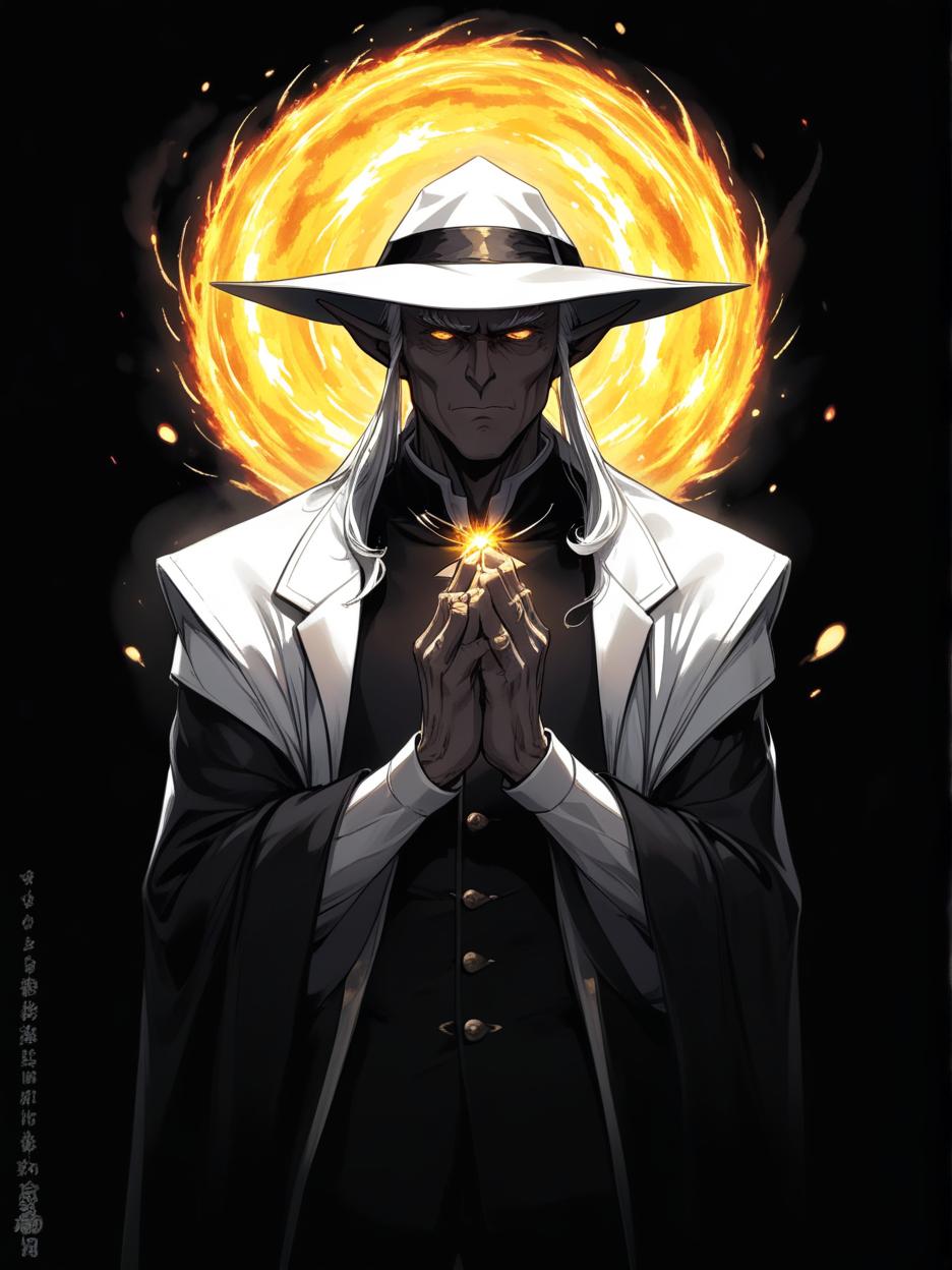  manga artwork a powerful old male elf sorcerer in a black suit and brim hat, standing with his hands clasped at his chest, his eyes shining gold, behind him a burning meteor. manga artist. manga, highly emotional. best quality, high resolution