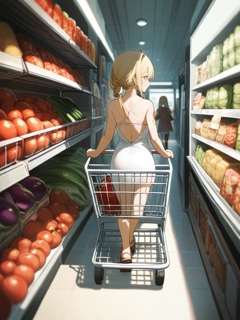  with tomatoes, blonde ponytails, white headphones, snakes on the legs, whole body, walking figure, girls on their arms, girls wearing white dresses, shopping carts, pressing shopping carts, gestures, shopping carts. is contained eggplant and celery, a small wing tattoo on the back, a snake tattoo on the thigh, a snake tattoo on the thigh, a thick bottom sandals., masterpiece, best quality,8k,ultra detailed,high resolution,an extremely delicate and beautiful,hyper detail