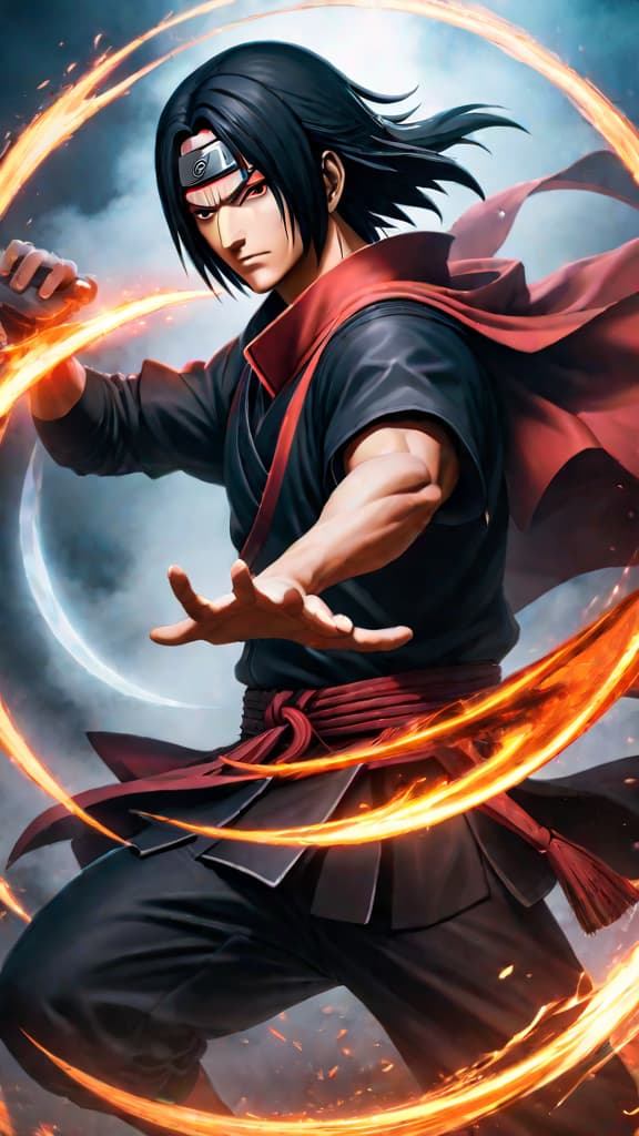  anime art: itachi uchiha at full power with mangekyou sharingan, wielding susanoo, totsuka blade, and yata mirror. hyperrealistic, full body, detailed clothing, highly detailed, cinematic lighting, stunningly beautiful, intricate, sharp focus, f/1. 8, 85mm, (centered image composition), (professionally color graded), ((bright soft diffused light)), volumetric fog, trending on instagram, trending on tumblr, HDR 4K, 8K