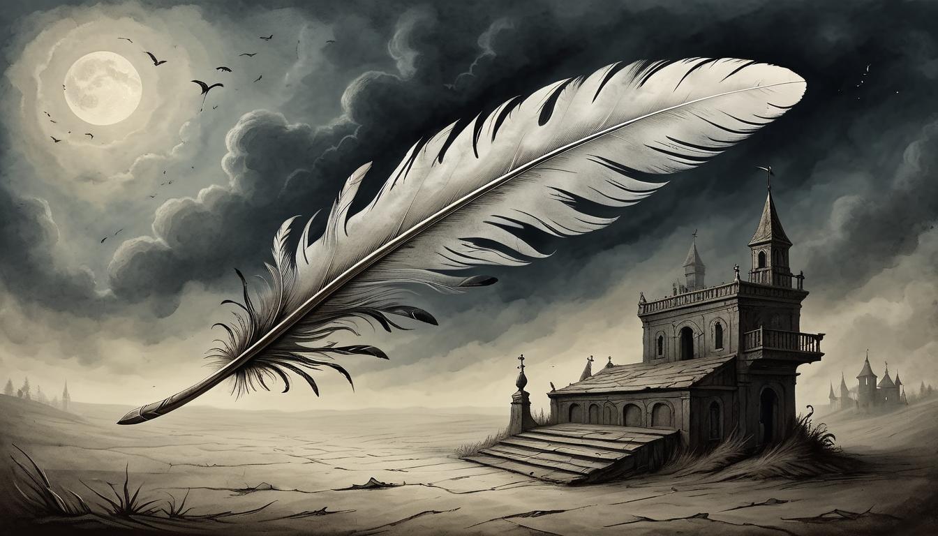  on parchment, surrealism+++, feather falling from a dark sky, landing on a weathered scale, symbolizing fragile judgments, soft, melancholic(mysterious, provocative, symbolic,muted color)+++