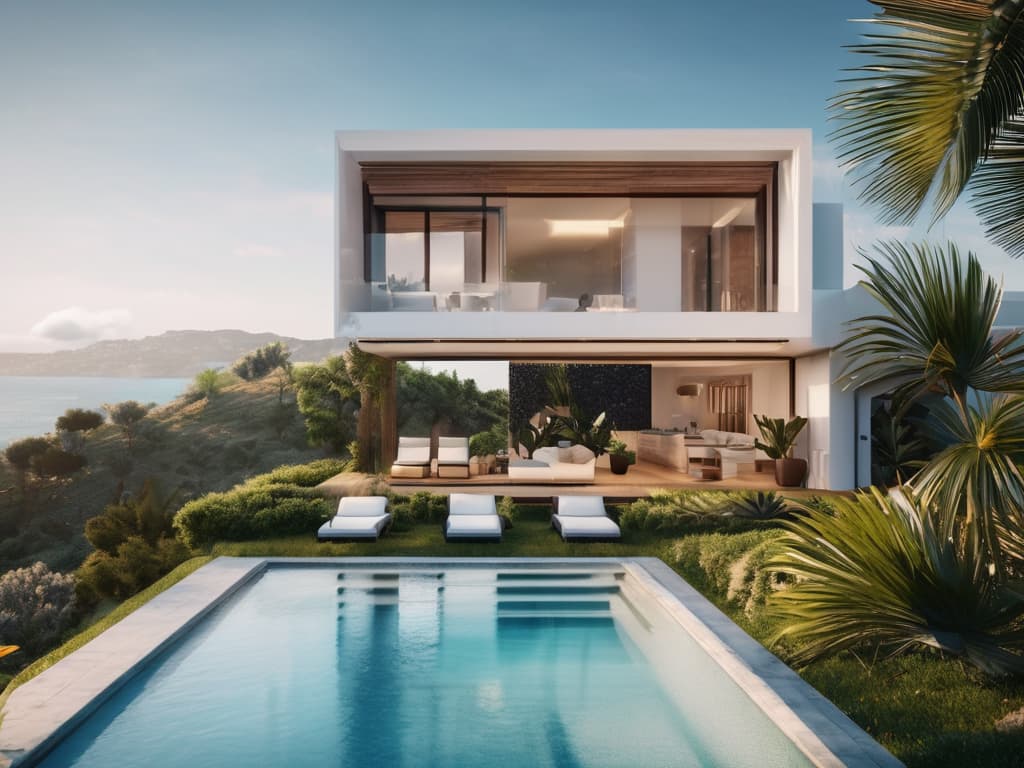  beautiful contemporary mediterranean villa with tropical garden and pool hyperrealistic, full body, detailed clothing, highly detailed, cinematic lighting, stunningly beautiful, intricate, sharp focus, f/1. 8, 85mm, (centered image composition), (professionally color graded), ((bright soft diffused light)), volumetric fog, trending on instagram, trending on tumblr, HDR 4K, 8K