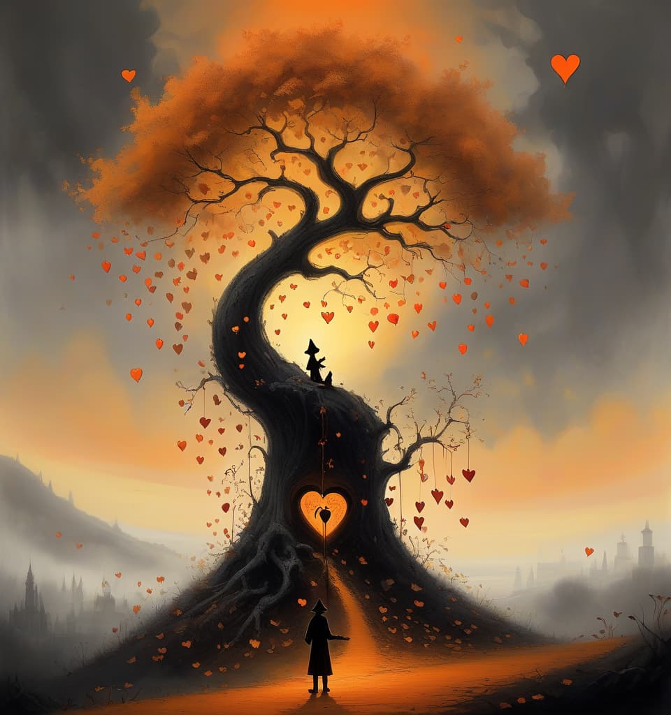  ink painting, by alexander jansson, charcoal, silhouette of tree of hearts depicted on the hill against the gray::orange hue sky. tree covered with leaves in the shape of small glowing hearts. a jester with a graceful figure beside the tree, she plays a musical instrument. color palette autumn, romantic, beautiful, bright, cinematic color, unusual angle, complex detail, best composition, artistic, innovative use of light and shadow, modern.