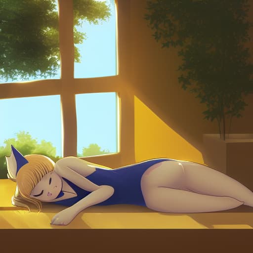  Cat girl lying by window ceil and resting in the sun