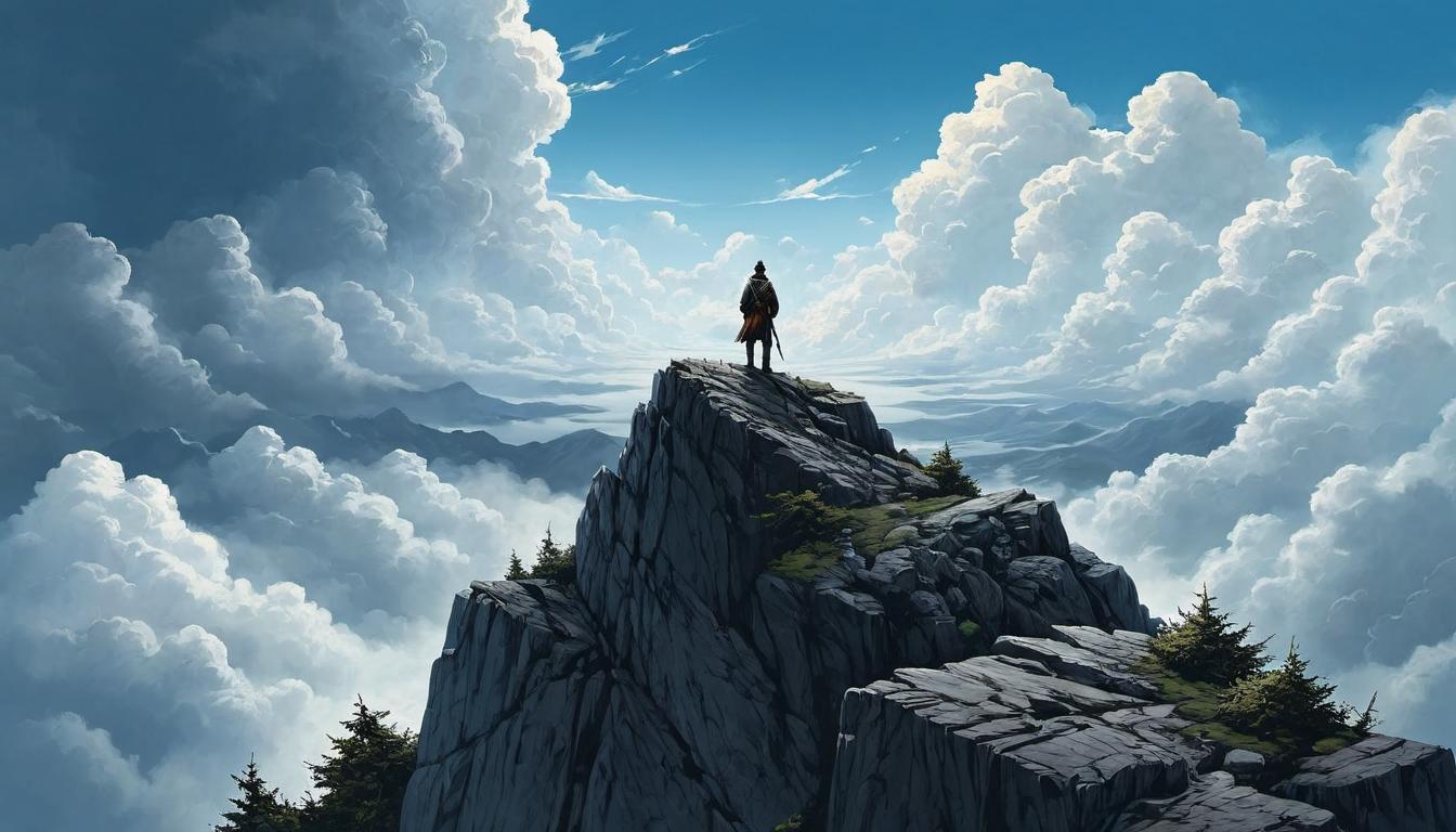  （surrealism)a figure on a mountaintop, looking down at others trying to climb, expressions of struggle in the others, presence of clouds and clear skies, visual metaphor for peace and personal growth mystic, intricate details, best quality)