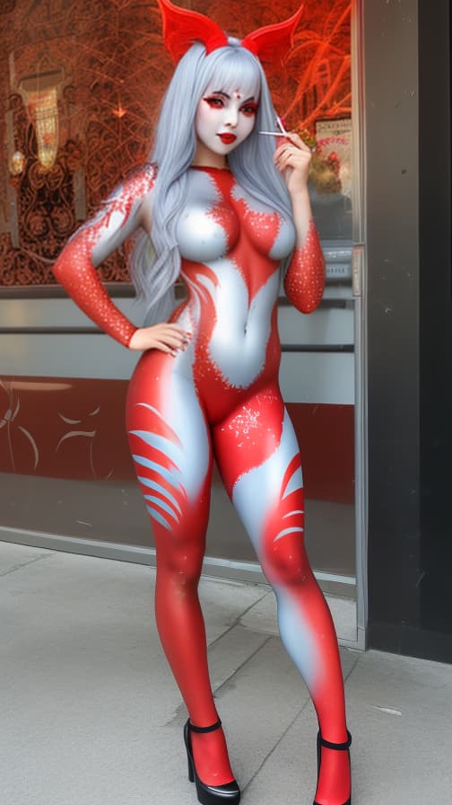  Full body red flame pattern body paint, Silver body paint on the whole body, Silver face paint on the face, succubus 女性