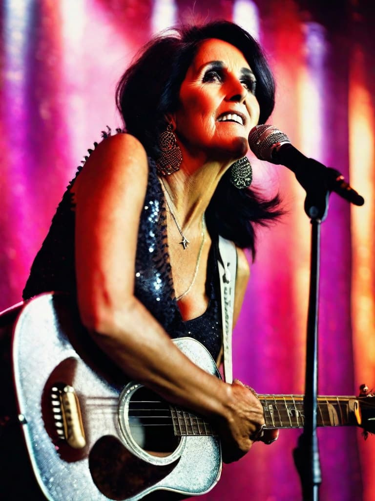  A younger Country singer Joan Baez, medium shot, upper body, spotlight, long exposure lighting, street art style spray paint, glamour lighting