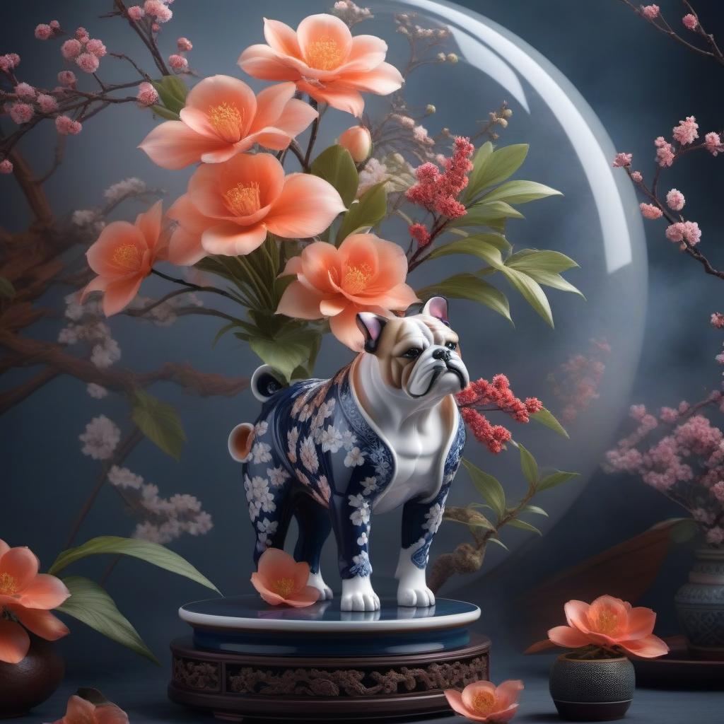  Ikebana with a porcelain bulldog hyperrealistic, full body, detailed clothing, highly detailed, cinematic lighting, stunningly beautiful, intricate, sharp focus, f/1. 8, 85mm, (centered image composition), (professionally color graded), ((bright soft diffused light)), volumetric fog, trending on instagram, trending on tumblr, HDR 4K, 8K