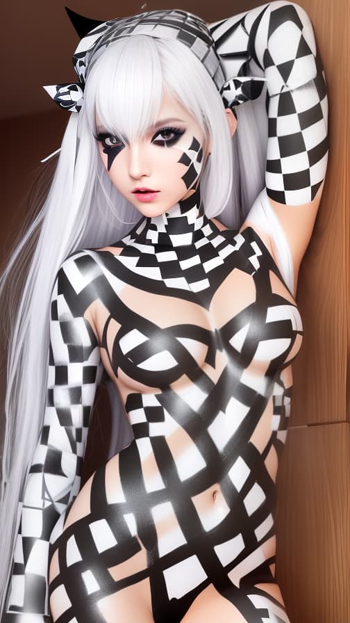  Chessboard check body paint in every corner of the body, white body paint all over the body, white face paint on the face, Dark elf 女性