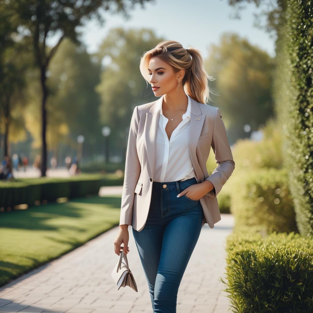  cinematic photo a beautiful caucasian woman. walking in a park. with suntanned skin. with full lips. with long blonde hair in a ponytail. wearing muted lipstick. with smokey eyes. wearing jewelry. wearing a cropped blazer. wearing high heel boots. wearing skinny jeans. wearing a button down shirt. viewed from the side.. 35mm photograph, film, bokeh, professional, 4k, highly detailed