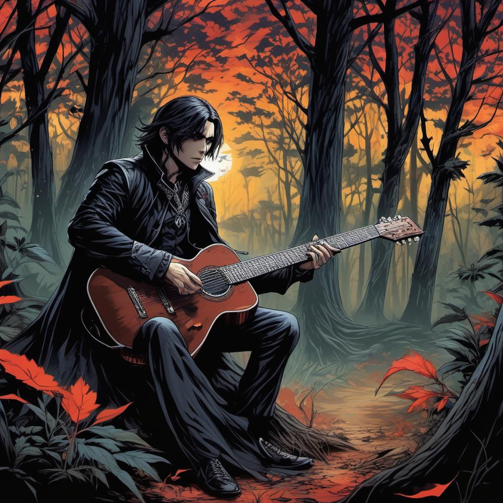  un vampire guitare hero dans une forêt hantée , comic style, manga and manhwa style, painting style