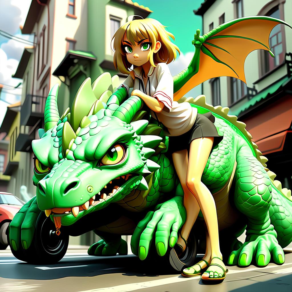  anime artwork furry dragon giantess with green scale staying in the small city holding car with drivers inside between her sweaty feet toes. . anime style, key visual, vibrant, studio anime, highly detailed