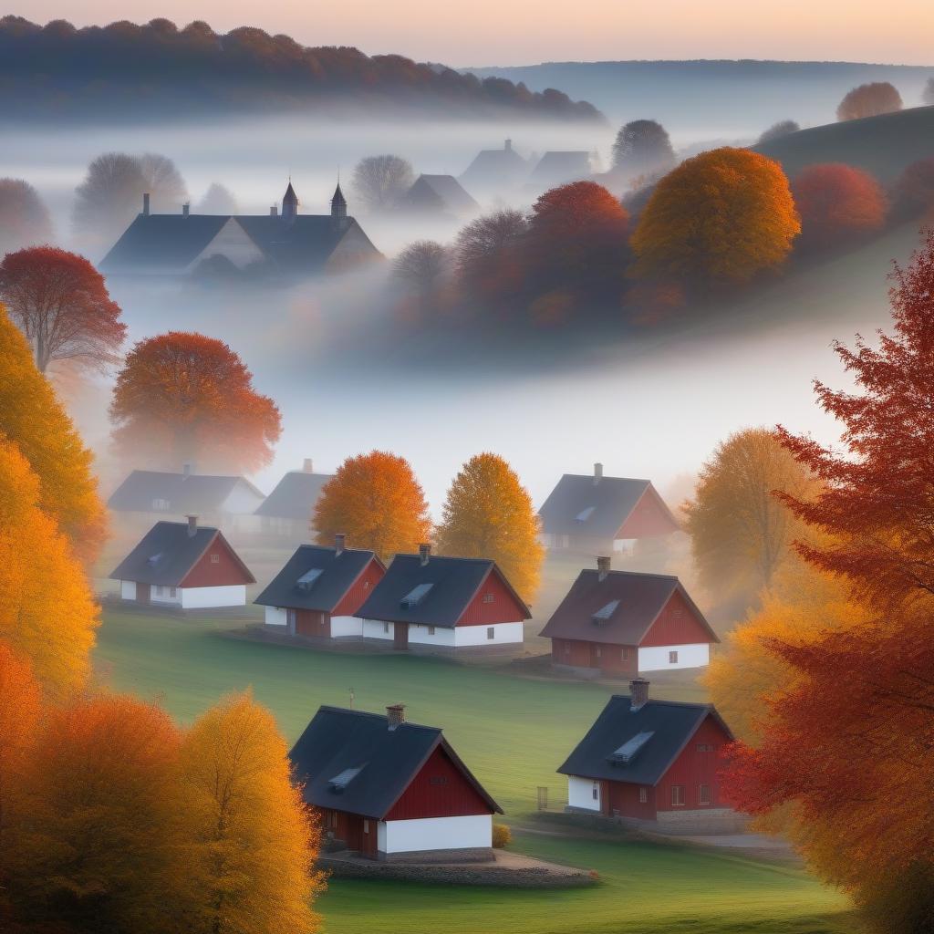  Village life in autumn: three houses with smoke from chimneys, trees with red-yellow crowns, white fog over the village, one bright star is visible above the fog at dusk