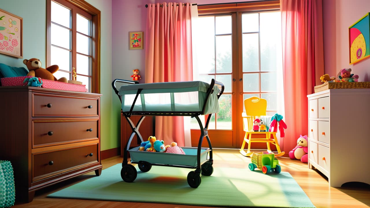  a cozy nursery scene featuring a cluttered changing table, colorful baby gear like a popular stroller, soft toys, and a diaper bag, all illuminated by warm, natural light streaming through a window. hyperrealistic, full body, detailed clothing, highly detailed, cinematic lighting, stunningly beautiful, intricate, sharp focus, f/1. 8, 85mm, (centered image composition), (professionally color graded), ((bright soft diffused light)), volumetric fog, trending on instagram, trending on tumblr, HDR 4K, 8K