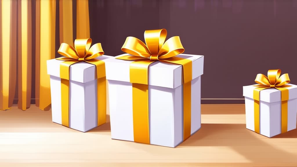  flat illustration, flaticon, (illustration:1.15), white gift boxes with golden ribbons on the background of a room with a modern interior, holiday, gifts ar 16:9, [cory loftis, strobist, pascal campion :: 0.2]