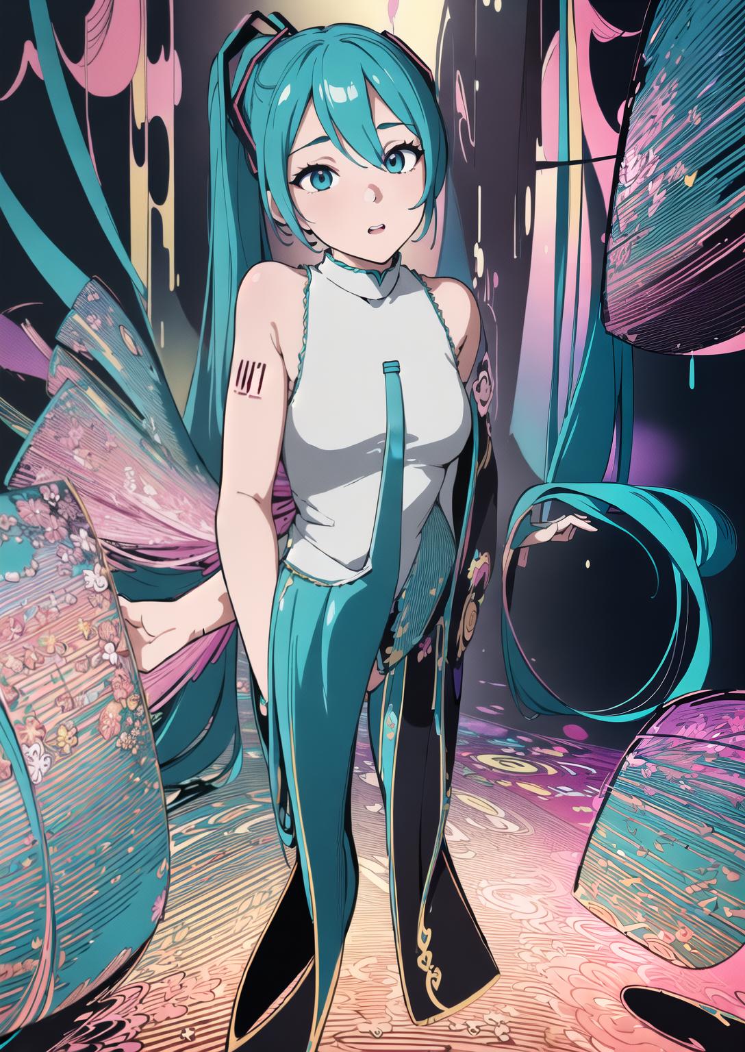  (masterpiece, best quality, highres:1.2), (intricate and beautiful:1.2), (detailed light:1.2), (colorful, dynamic angle), upper body shot, fashion photography of cute, intense long hair, (hatsune miku), dancing pose, flirting with pov, dynamic pose, soft moonlight passing through hair, (abstract colorful art background:1.3), (official art), (cinematic)