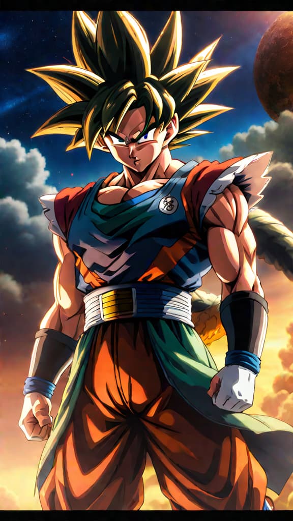  bardock from dragon ball watching goku's adventures on an intergalactic broadcast in anime art hyperrealistic, full body, detailed clothing, highly detailed, cinematic lighting, stunningly beautiful, intricate, sharp focus, f/1. 8, 85mm, (centered image composition), (professionally color graded), ((bright soft diffused light)), volumetric fog, trending on instagram, trending on tumblr, HDR 4K, 8K