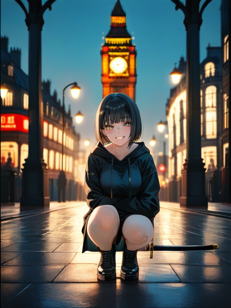  ultra detailed:1.2,masterpiece:1.2,best quality,masterpiece,bestquality,hdr:1.1,8k:1.1,very cute girl:1.3,wearing a black hooded sweatshirt,black shorts,black tights,and long boots,((with a japanese sword at her waist:1.5)),((crouched atop a london bigben:1.8)),gazing into the distance,with an ominous grin on her face,set against a night sky with a huge moon and no stars,(overlooking the scattered lights of an ancient london town),(black hair,bob cut:1.4),((black ninja dress:1.5)),(seductive smile,grin:1.5),(full body,face focus:1.8) hyperrealistic, full body, detailed clothing, highly detailed, cinematic lighting, stunningly beautiful, intricate, sharp focus, f/1. 8, 85mm, (centered image composition), (professionally color graded), ((bright soft diffused light)), volumetric fog, trending on instagram, trending on tumblr, HDR 4K, 8K