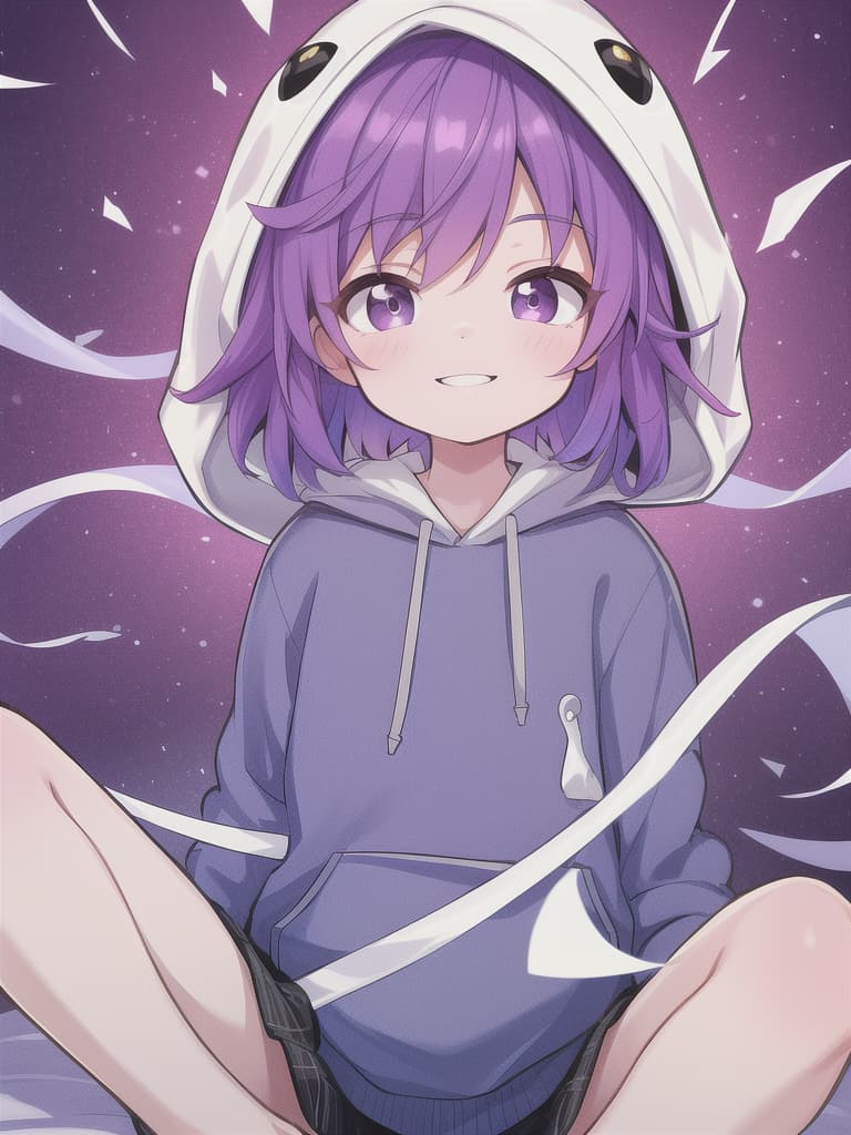 Short, hoodie, purple hair, cute, smile, boy, happy, short, masterpiece, best quality,8k,ultra detailed,high resolution,an extremely delicate and beautiful,hyper detail