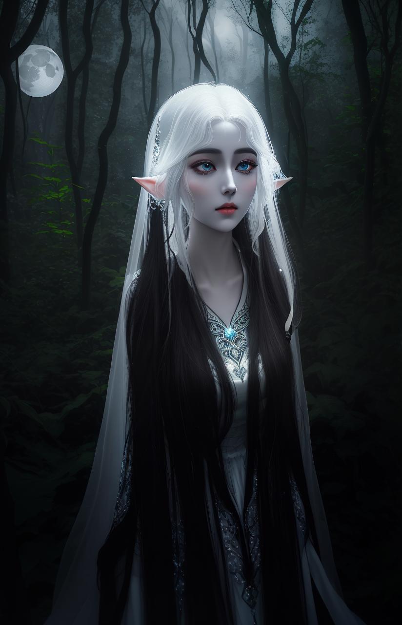  masterpiece, best quality, in a moonlit clearing deep in the enchanted forest, a stunning dark elf woman in a flowing white gown stands gracefully, her eyes filled with a mixture of sorrow and hope. the moon's soft glow casts a gentle light on her delicate features, highlighting the intricate details of her attire and the ancient trees surrounding her. (enchanted forest setting, moonlit atmosphere) (photography, fantasy portrait) (soft, moonlight illumination) (realization: dslr camera with low aperture setting for bokeh effect)