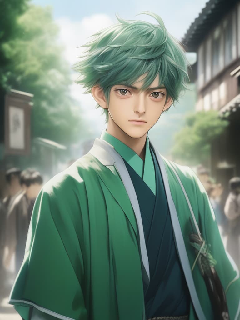  green hair character shun oguri, summer school uniform (boy), hairpin on hair, masterpiece, best quality,8k,ultra detailed,high resolution,an extremely delicate and beautiful,hyper detail