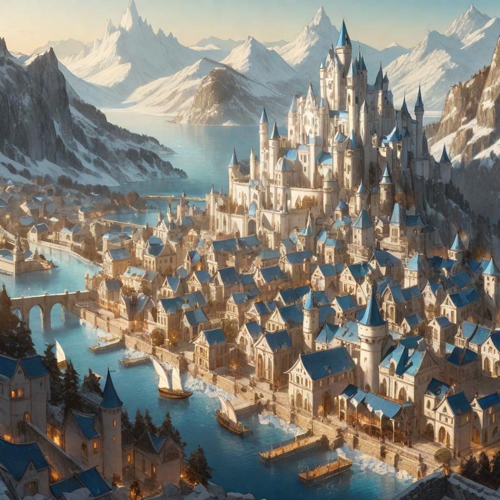  manga artwork city with white houses and blue roofs, it has a big castle in a terrace and a great lake in the background, with icy moutains. anime rpg style . manga artist. manga, highly emotional. best quality, high resolution