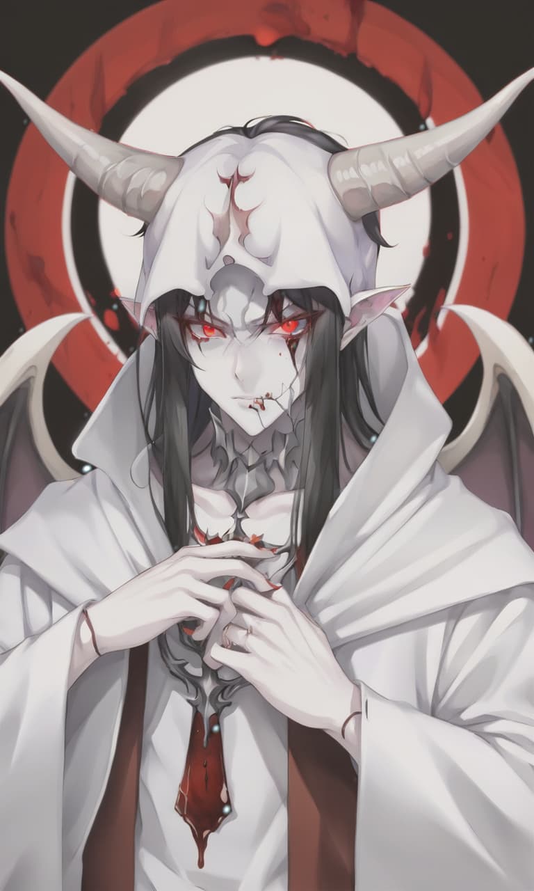  anime artwork man demon, white skin, blood red eyes, black hair, white horns, black clothes . anime style, key visual, vibrant, studio anime, highly detailed