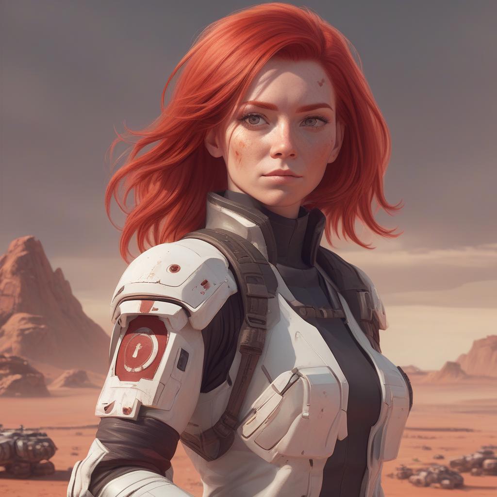  draw a full length female character, red hair, a character living on a distant colonized planet, specialization mercenary