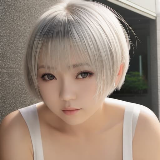  cute japanese girl face, cute short hair, light blonde and silver bob cut hairstyle, black sleeveless top, delicate makeup, cool style, natural lighting, photo realistic in the style of realistic.