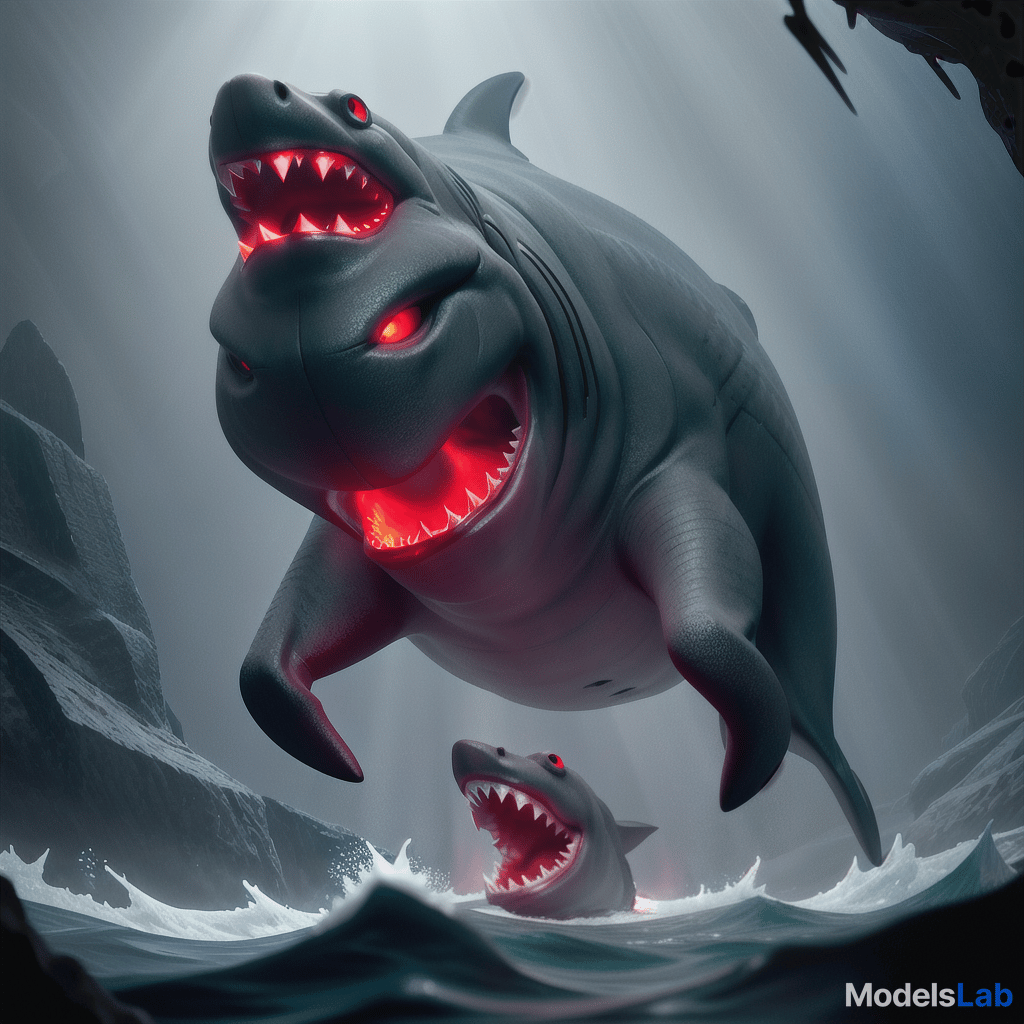  a realistic 8k portrait of a terrifying shark deep in the ocean at night, with its mouth wide open. the shark's eyes and mouth emit an intense red light, illuminating the surrounding dark water. the ocean is dimly lit with deep blue and black tones, creating a menacing atmosphere. the red glow casts shadows around the shark, highlighting its sharp teeth and adding a supernatural, horror like effect. subtle light rays from above barely penetrate the murky water, adding to the eerie, otherworldly feel of the scene. hyperrealistic, full body, detailed clothing, highly detailed, cinematic lighting, stunningly beautiful, intricate, sharp focus, f/1. 8, 85mm, (centered image composition), (professionally color graded), ((bright soft diffused light)), volumetric fog, trending on instagram, trending on tumblr, HDR 4K, 8K