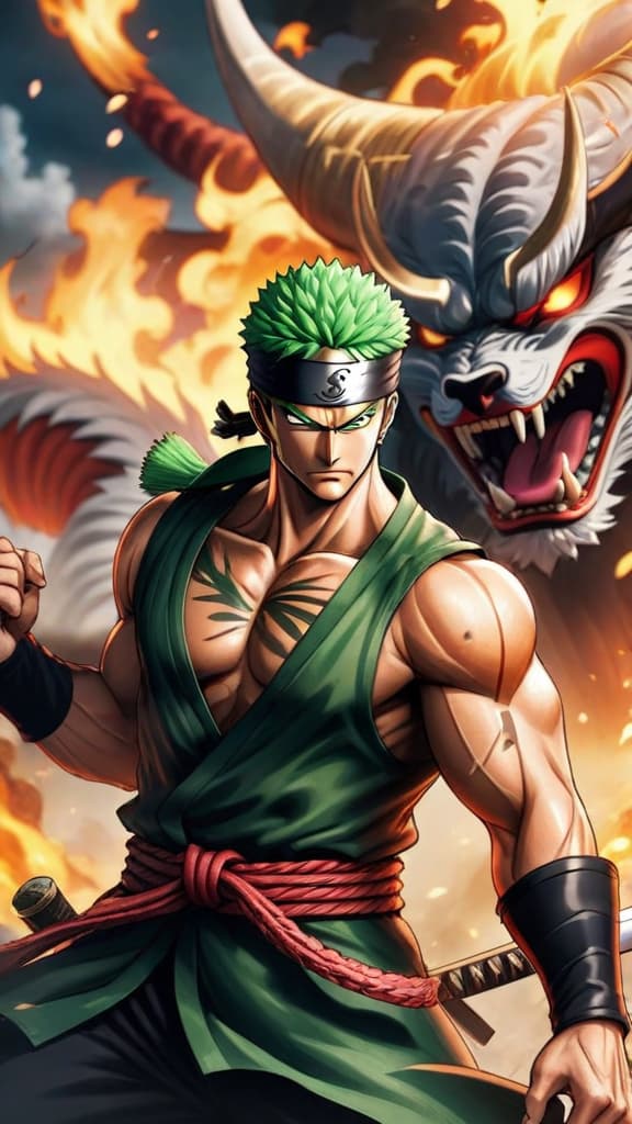  roronoa zoro from one piece in asura form with three heads and six arms facing kaido in battle, anime art hyperrealistic, full body, detailed clothing, highly detailed, cinematic lighting, stunningly beautiful, intricate, sharp focus, f/1. 8, 85mm, (centered image composition), (professionally color graded), ((bright soft diffused light)), volumetric fog, trending on instagram, trending on tumblr, HDR 4K, 8K