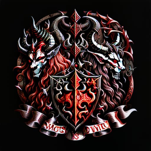  Drawn Medieval Coat of Arms for Demons, depicting Vices such as Lust, Wrath, Pride, and Greed. Demons, horns, vices, symbolism, detailed and high quality., (logo:1.3), vector graphics, brand, design, inspired, (straight:1.3), (symmetrical:0.4) hyperrealistic, full body, detailed clothing, highly detailed, cinematic lighting, stunningly beautiful, intricate, sharp focus, f/1. 8, 85mm, (centered image composition), (professionally color graded), ((bright soft diffused light)), volumetric fog, trending on instagram, trending on tumblr, HDR 4K, 8K