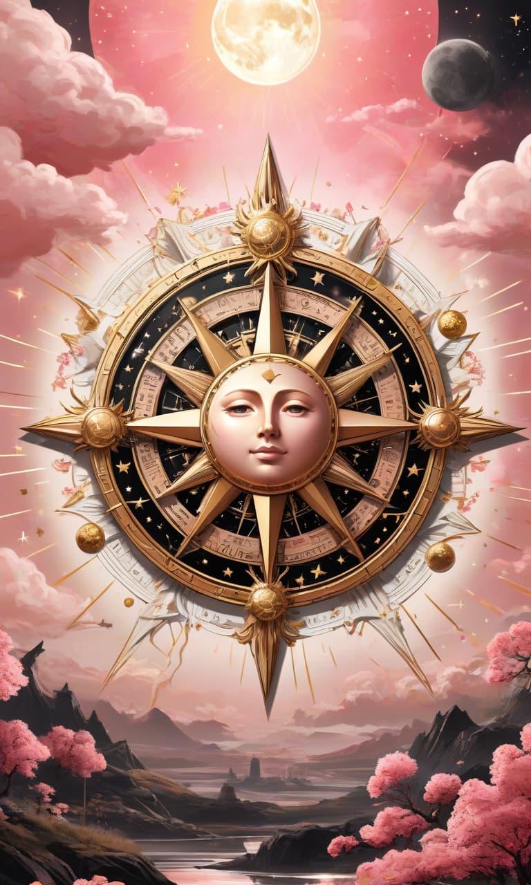  concept art pink, gold, black, white tarot wheel of fortune everywhere stars, moon, sun . digital artwork, illustrative, painterly, matte painting, highly detailed, perfect hands