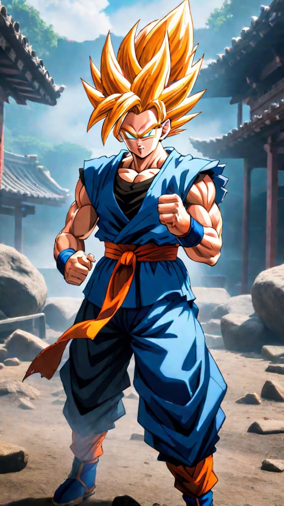  anime art: gogeta vs. vegito, the ultimate fusion warriors from dragon ball series, each with unique strengths. hyperrealistic, full body, detailed clothing, highly detailed, cinematic lighting, stunningly beautiful, intricate, sharp focus, f/1. 8, 85mm, (centered image composition), (professionally color graded), ((bright soft diffused light)), volumetric fog, trending on instagram, trending on tumblr, HDR 4K, 8K