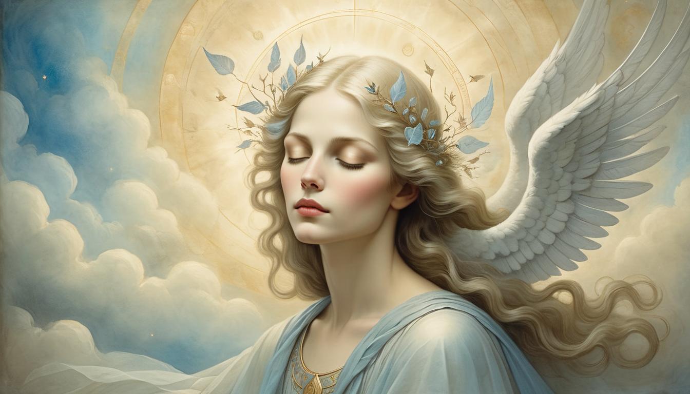  on parchment, surrealism+++, angelic figure with eyes closed, gentle light radiating, soft halo around head, ethereal, tranquil, divine presence(mysterious, provocative, symbolic,muted color)+++