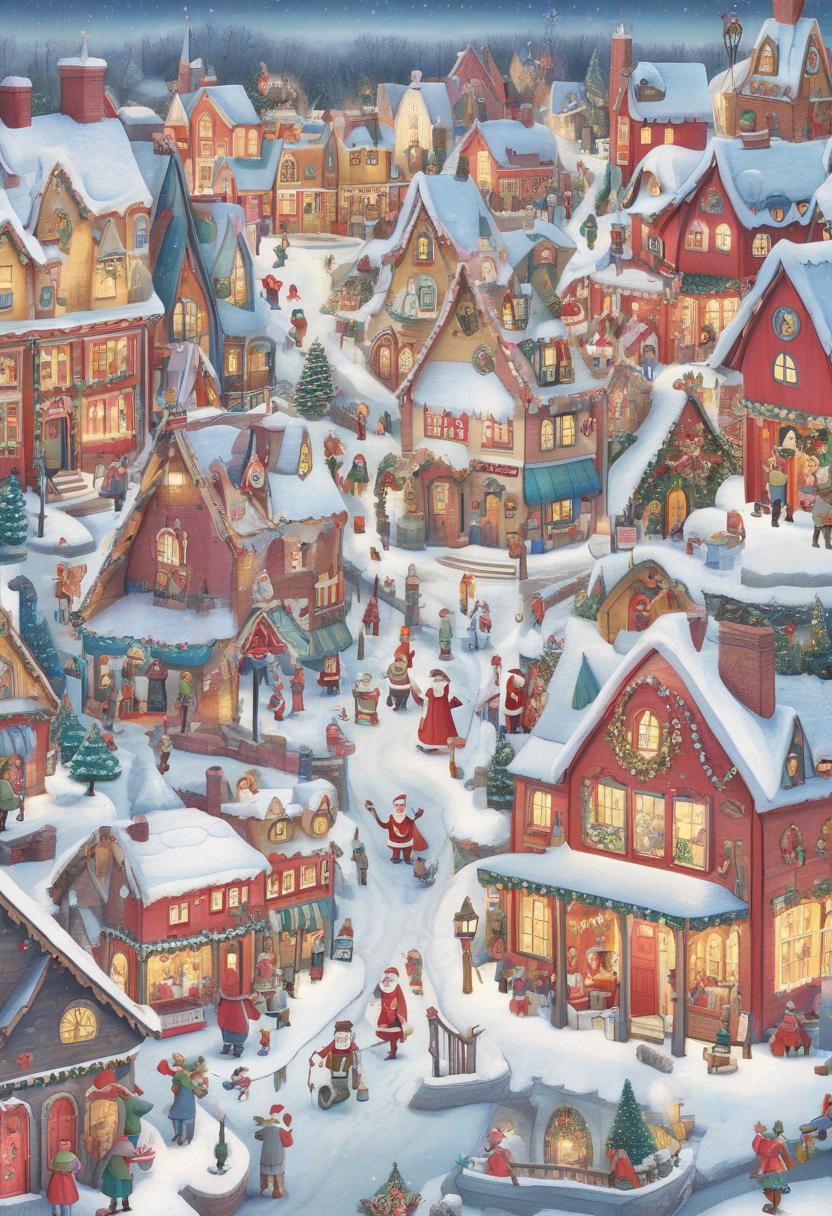  a drawing of a christmas village and characters