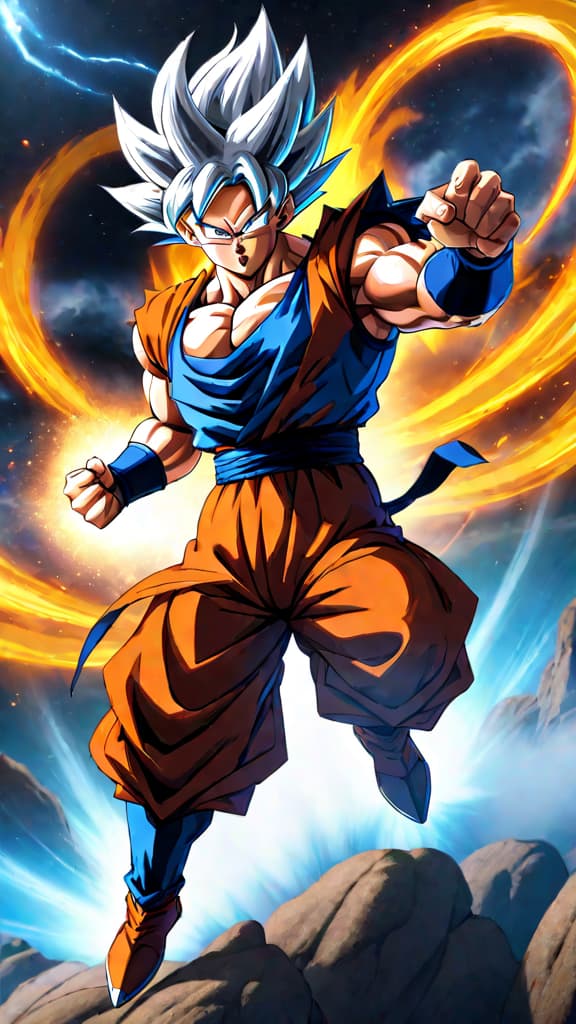  goku achieving ultra instinct with silver aura, silver hair and eyes, facing jiren in dragon ball super anime art hyperrealistic, full body, detailed clothing, highly detailed, cinematic lighting, stunningly beautiful, intricate, sharp focus, f/1. 8, 85mm, (centered image composition), (professionally color graded), ((bright soft diffused light)), volumetric fog, trending on instagram, trending on tumblr, HDR 4K, 8K