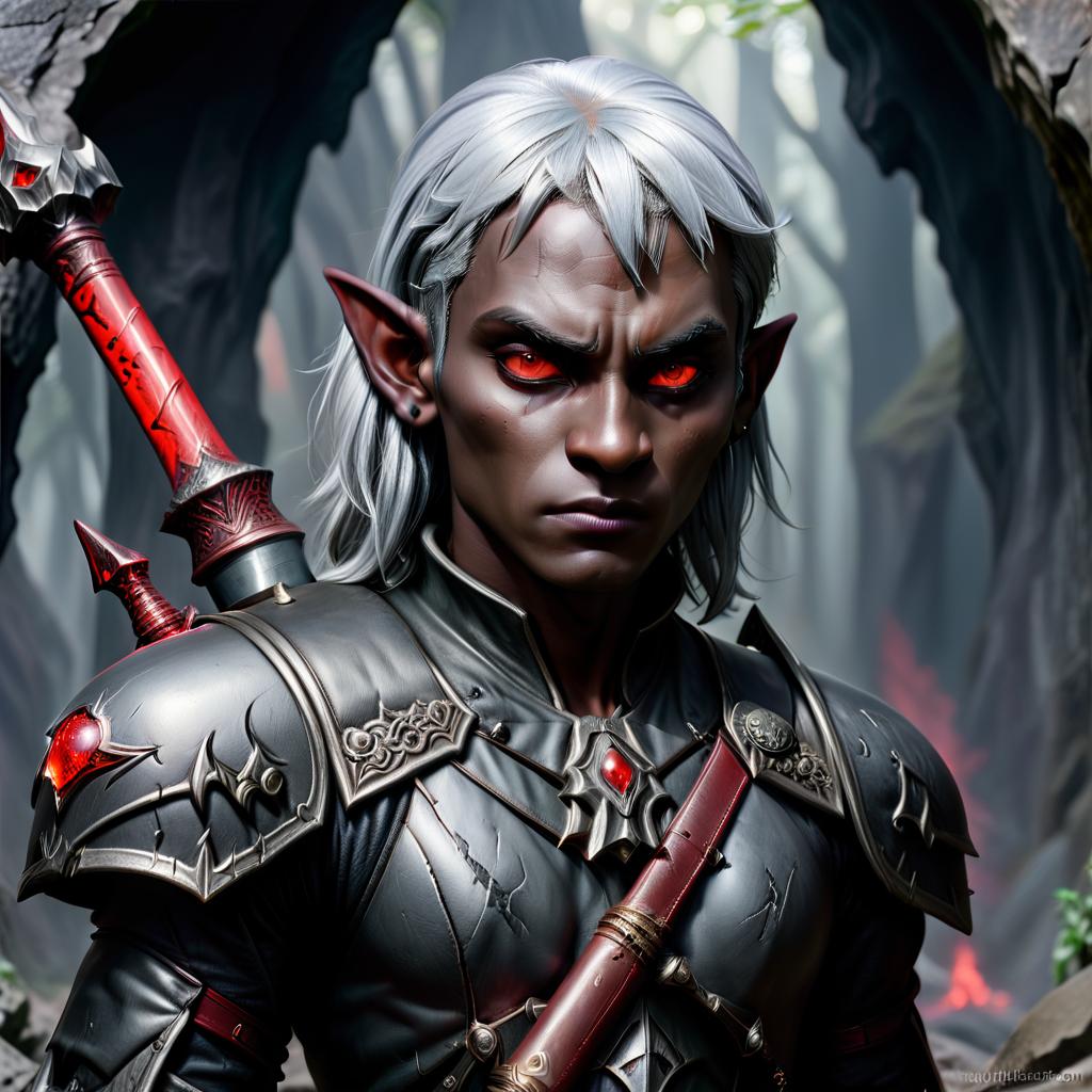  macabre style drow male elf cleric, dark grey graphite color skin, red eyes, silver medium haircut, black leather armor, battle mace, impudent arrogant rude expression, traveler shoulder bag, half body view, dark cave temple . dark, gothic, grim, haunting, highly detailed, civitai, hkmagic