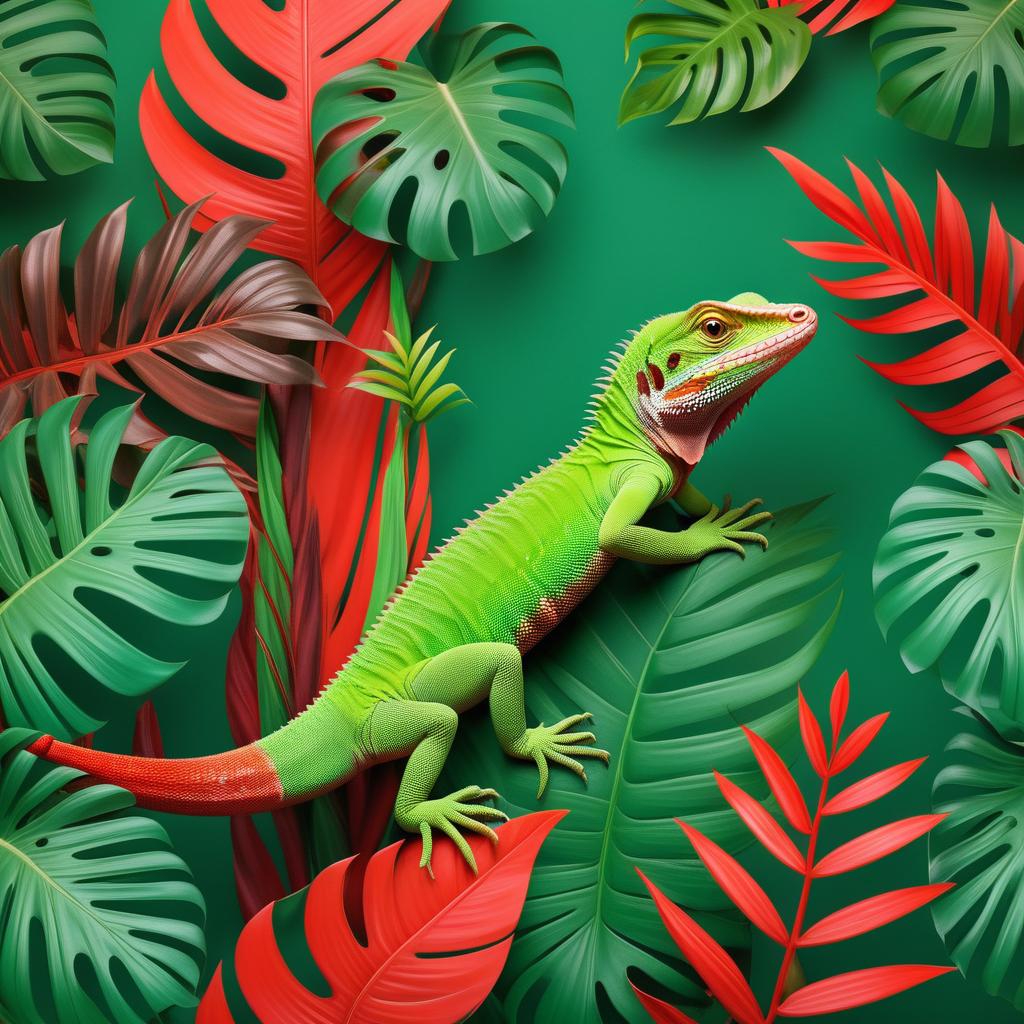 Cute HD Lizard on Vibrant Green and Red Background with Tropical Leaves,