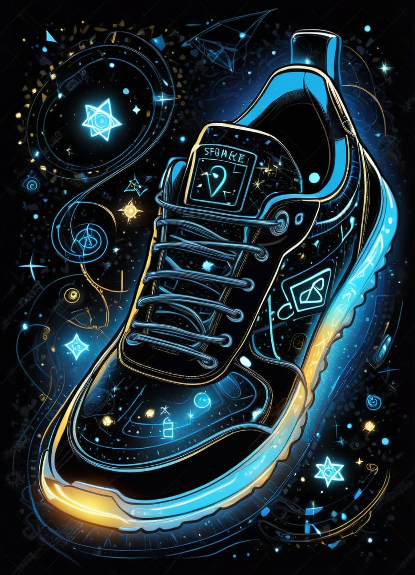  a humorous illustration. bright colors, cartoon style. on the black background, shiny contours outlines of silhouette of a pair of sneakers in black and blue colors, with a luminous sole and many mathematical symbols printed on them, frame with intricate thin ornamentation from comet, stars and cosmic dust: (thin: 1 ,4) lines, the sneakers have the text "artgeneration" written on them. on a black background