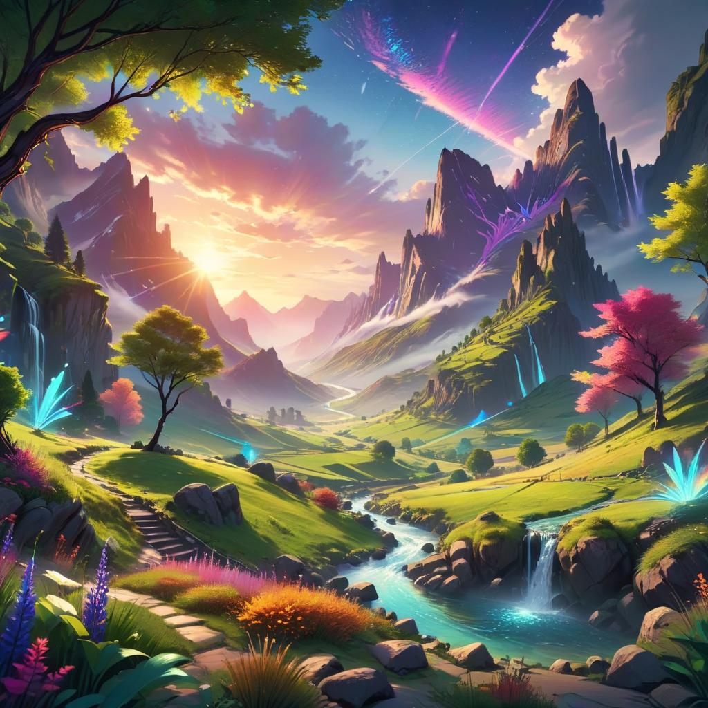  beautiful valley, colorful, (cartoon style), masterpiece, best quality, highres, 8k resolution, more detailed, animation style, anime, sharp lines, vibrant colors, cool tones, expressive eyes, detailed reflections, dynamic poses, modern, immersive atmosphere, fantasy, futuristic design, artistic transformation, stylish