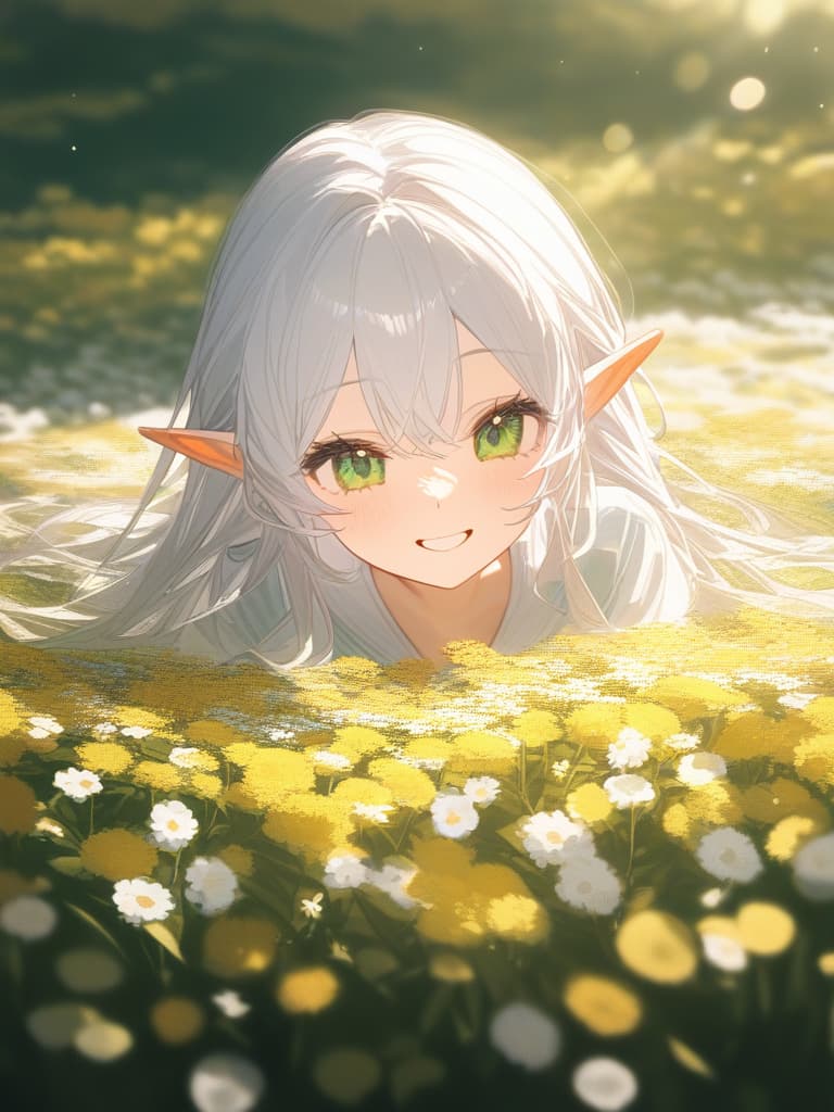  white hair, elf ear, small girl, green eyes, smiles, flower fields, masterpiece, best quality,8k,ultra detailed,high resolution,an extremely delicate and beautiful,hyper detail