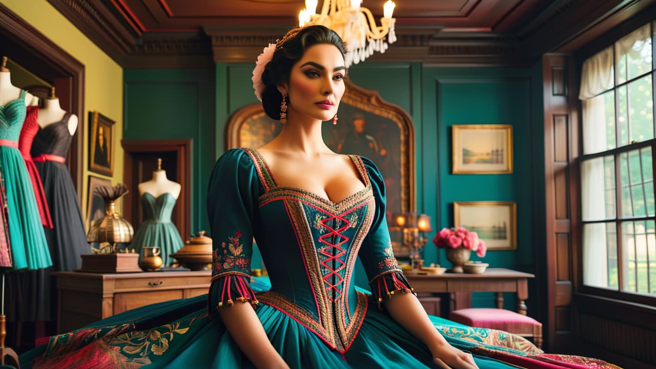  an artist's workshop filled with vibrant fabrics, intricate patterns, sewing tools, and half finished costumes; a mannequin adorned with a lavish historical dress, surrounded by sketches and colorful threads, evoking creativity and craftsmanship. hyperrealistic, full body, detailed clothing, highly detailed, cinematic lighting, stunningly beautiful, intricate, sharp focus, f/1. 8, 85mm, (centered image composition), (professionally color graded), ((bright soft diffused light)), volumetric fog, trending on instagram, trending on tumblr, HDR 4K, 8K