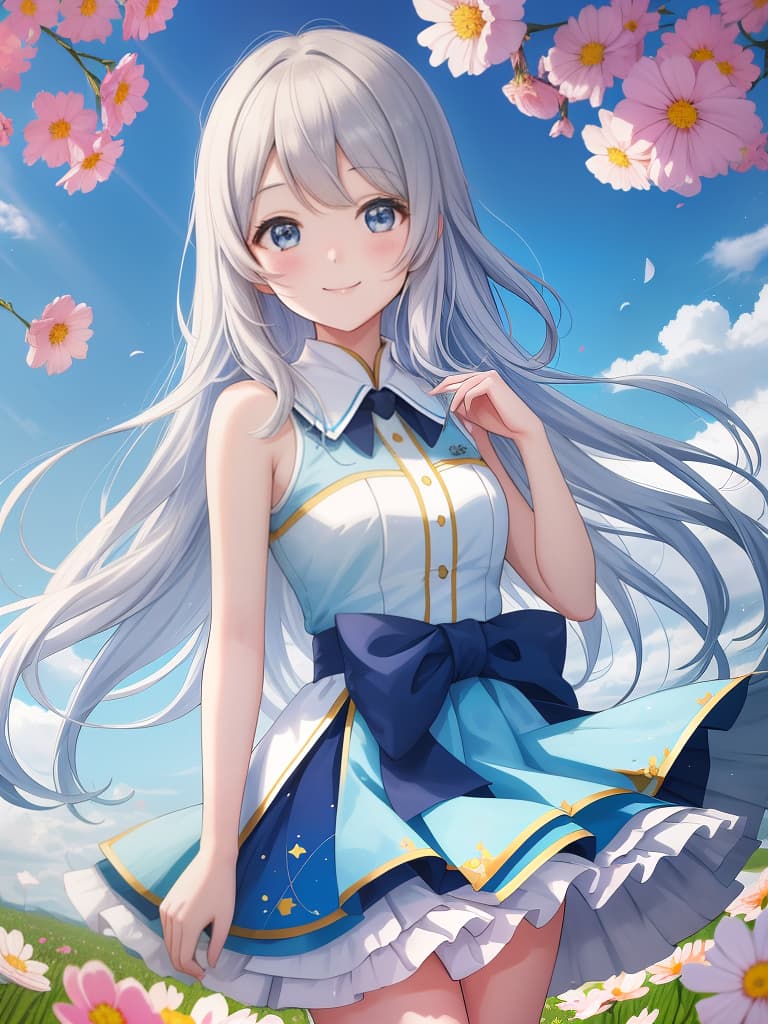  smile girls, akisakura, cosmos a lot, long hair, blue sky, girls, portrait, portrait, face up, masterpiece, best quality,8k,ultra detailed,high resolution,an extremely delicate and beautiful,hyper detail