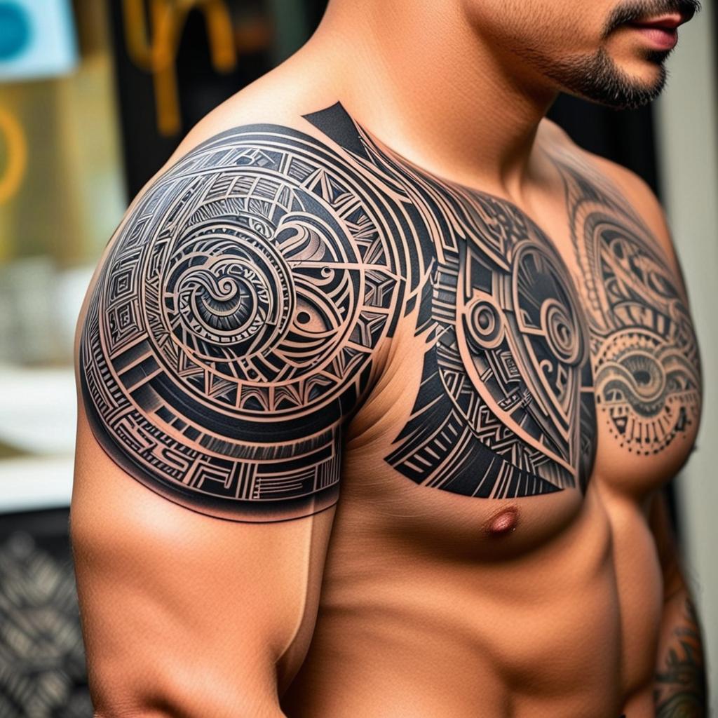  engineering , exposed mechanical mix with mayan culture starting from shoulder., (tattoo), (sleeve tattoo design on the arm)