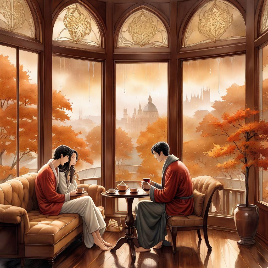  digital illustration, ink and watercolor on parchment, with fine shading of the edges, depicting an two lovers, a man and a woman dressed in pajamas in a warm room and looking out the window, sitting on a sofa at a table and drinking hot tea, looking out the panoramic window, a monotonous autumn rain is falling outside the window, soft diffused lighting in warm tones envelops her, enhancing the mystical aura around her slender form.