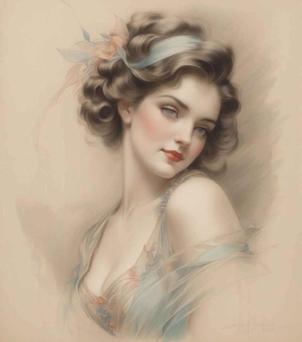  portrait of a beautiful woman, harrison fisher, colored pencil art, black pencil on antique paper, intricate detail.