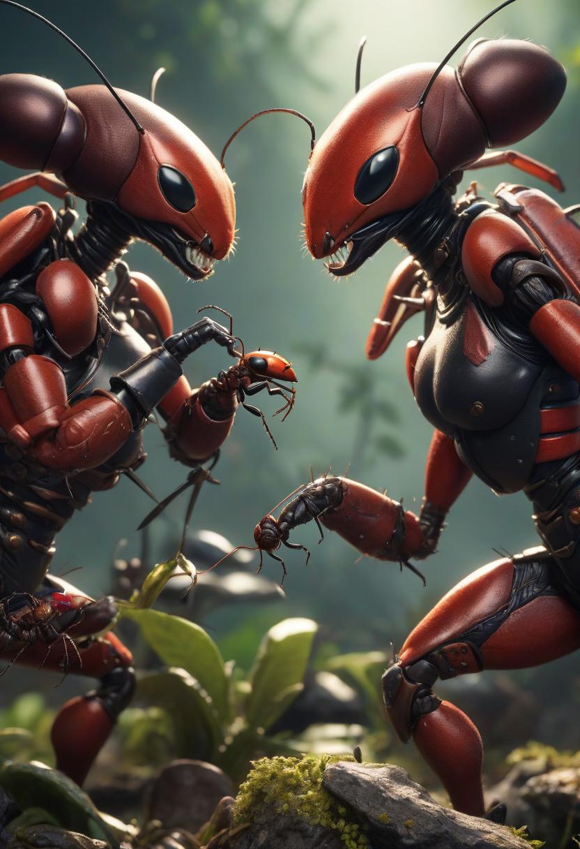  fighting game style wild people ants fight with levers . dynamic, vibrant, action packed, detailed character design, reminiscent of fighting video games hyperrealistic, full body, detailed clothing, highly detailed, cinematic lighting, stunningly beautiful, intricate, sharp focus, f/1. 8, 85mm, (centered image composition), (professionally color graded), ((bright soft diffused light)), volumetric fog, trending on instagram, trending on tumblr, HDR 4K, 8K