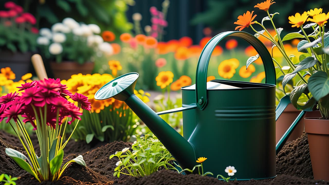  a vibrant garden scene with rich, dark soil, freshly planted seeds, colorful seed packets, a watering can, and lush green seedlings emerging under a bright sun, surrounded by garden tools and blooming flowers. hyperrealistic, full body, detailed clothing, highly detailed, cinematic lighting, stunningly beautiful, intricate, sharp focus, f/1. 8, 85mm, (centered image composition), (professionally color graded), ((bright soft diffused light)), volumetric fog, trending on instagram, trending on tumblr, HDR 4K, 8K