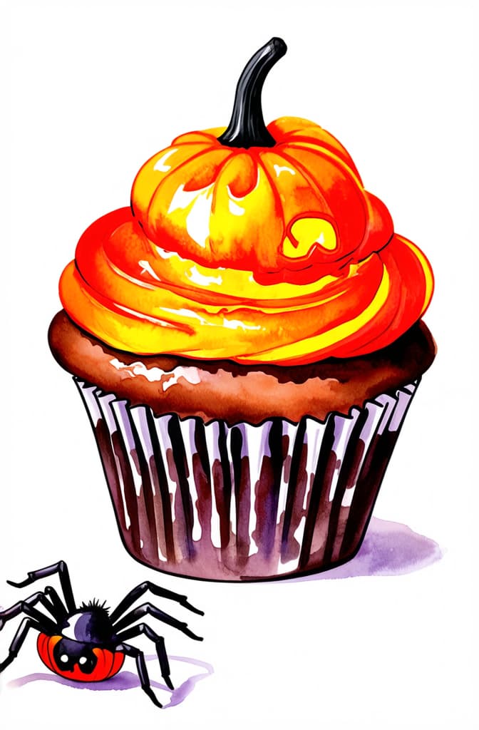  artwork hand drawn watercolor scary halloween cupcake with spider isolated on white background ar 2:3, watercolor techniques, featuring fluid colors, subtle gradients, transparency associated with watercolor art